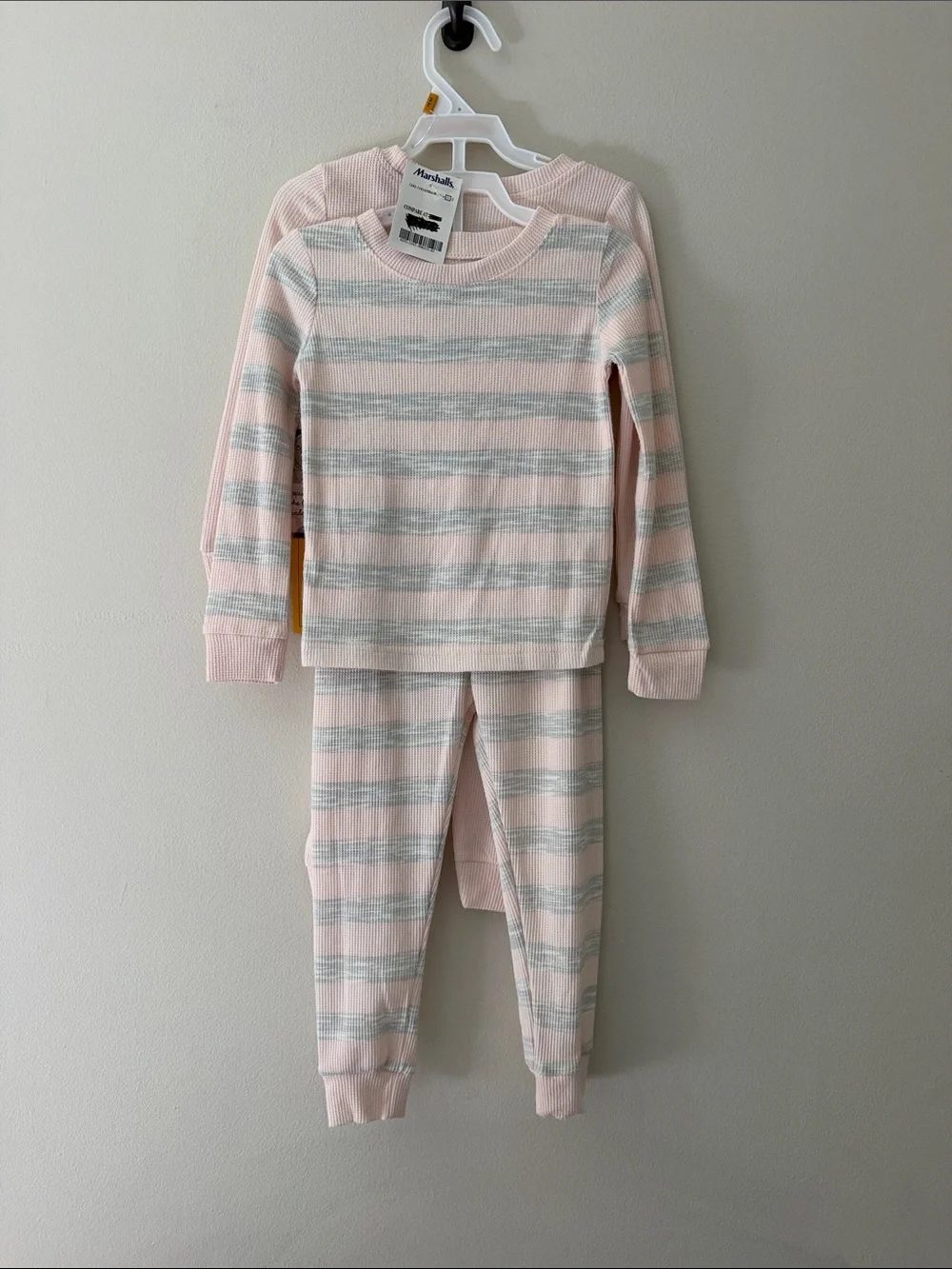 BearPaw Pink and Gray Striped Kids Thermal Pajama Set
